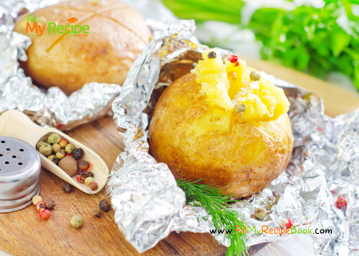 Baked Potato in Foil on Coals recipe for a braai or a barbecue on the grill. Potato with skin on in foil baked on coals with main meal.