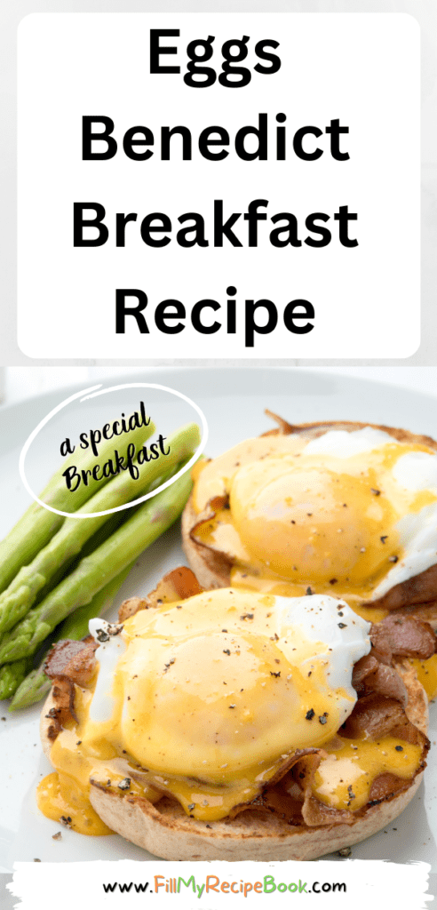 Eggs Benedict Breakfast Recipe idea, with asparagus or fried cherry tomato. Topped with hollandaise sauce, bacon on a English muffin.
