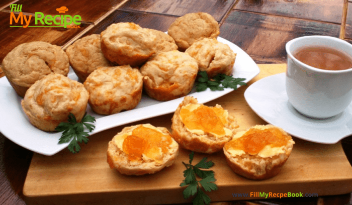 Tasty homemade Cheese Scones sugar free recipe uses olive oil or butter and is easily baked in a muffin pan with cheese topping and filling.