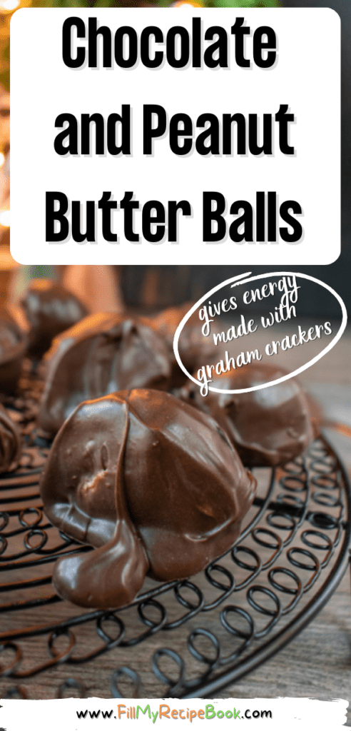 Chocolate and Peanut Butter Balls recipe. A no bake protein energy snack with peanut butter, mixed graham crackers covered in dark chocolate. 