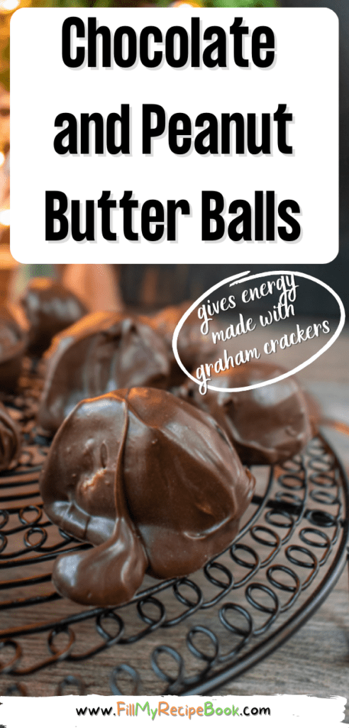 Chocolate and Peanut Butter Balls recipe. A no bake protein energy snack with peanut butter, mixed graham crackers covered in dark chocolate.