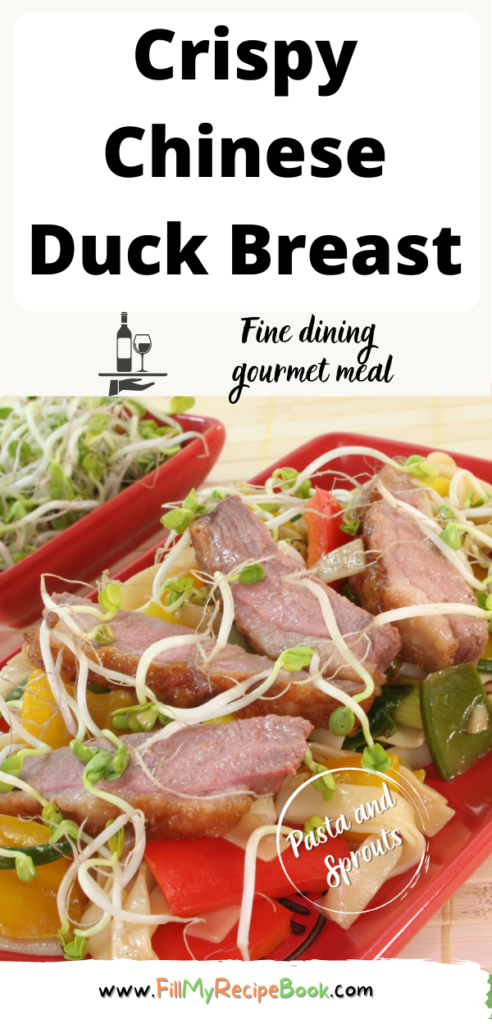 Crispy Chinese Duck Breast recipe with noodles and sauce. An easy fine dining meal, seared duck breast with alfalfa sprouts, bell peppers.
