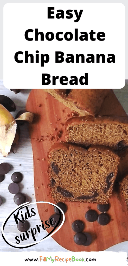 Easy Chocolate Chip Banana Bread recipe. Healthy banana bread that is easy and kids love the surprise of chocolate chips in the slices.