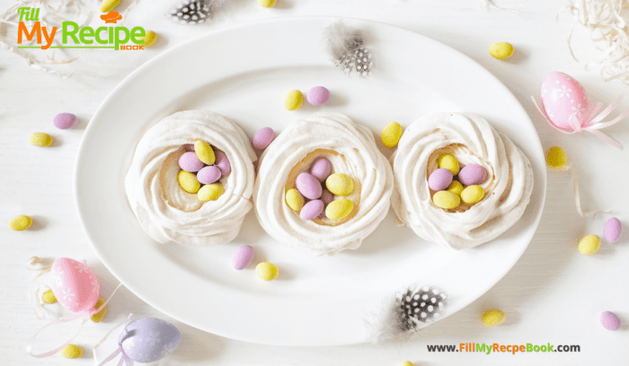 Mini Easter Pavlova Nests recipe idea for individuals. Decorated with candy easter eggs for a filling for snacks or dessert, make some ahead.