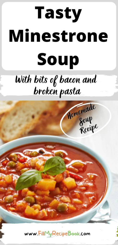Tasty Minestrone Soup recipe. Homemade for cold days with bacon and pasta pieces served with some cut pieces of bread or fresh buns.