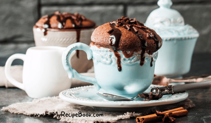 A 2 Minute Chocolate Mug Cake recipe. Tasty and easy, filled with nut chocolate and chocolate chips microwaved and enjoyed as a dessert.