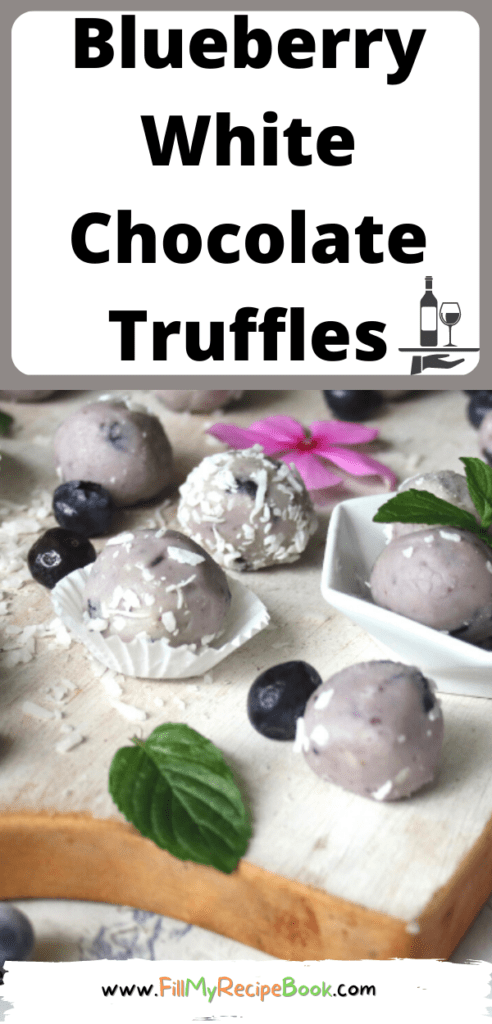 Blueberry White Chocolate Truffles balls recipe. Easy candy to create, a no bake dessert or snack, filled with blueberries and freezes well.