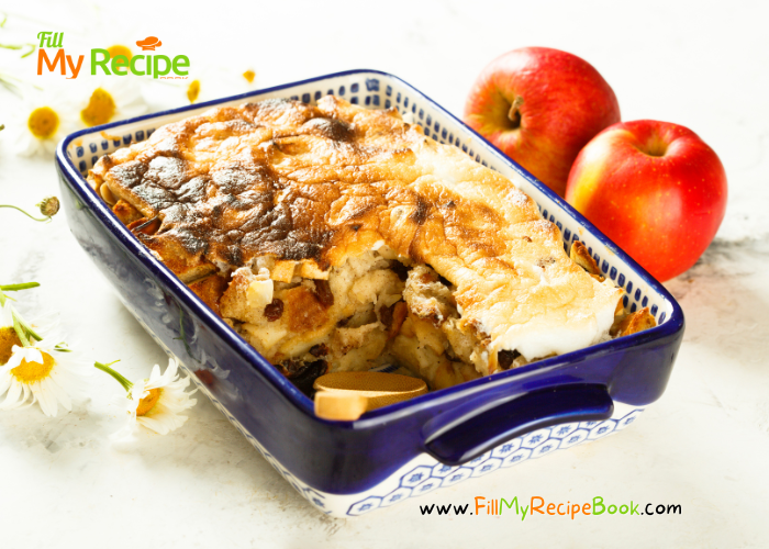Bread pudding & Apple Bake. Makes great breakfast or even a dessert. Lovely fruity apple bread pudding with raisons just like granny made.