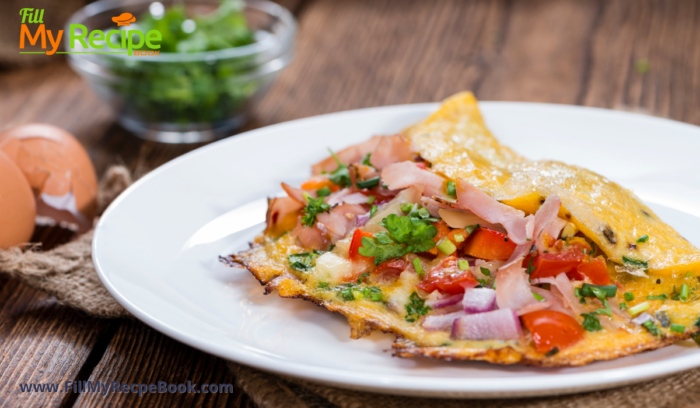 Cheese and Bacon Omelet recipe idea. Easy egg breakfast or brunch meal filled with cheese bacon or ham and bell peppers, onions.