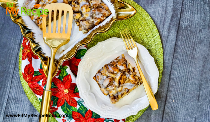 Cinnamon Roll Breakfast Casserole. A quick and easy recipe to bake a cinnamon roll casserole dish with bought buns decorated.