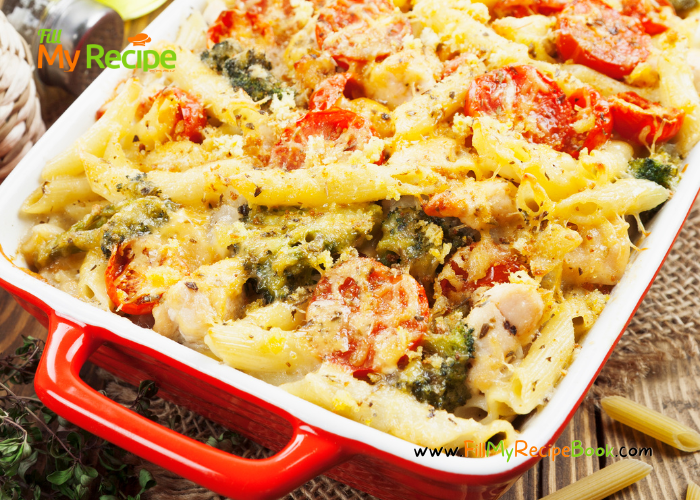 Creamy Chicken & Broccoli Pasta Casserole dish with sauté mushroom and bacon. Mixed and baked with cheddar cheese and herbs and spices.