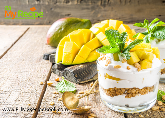 Tasty Mango Parfait Recipe to be made for a breakfast or a special dessert. Greek Yogurt creamed layered with Muesli mix and cut ripe mangoes.