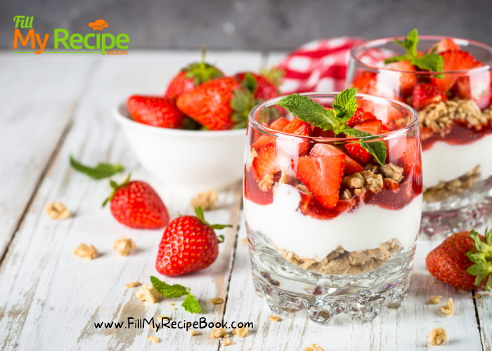 An Easy Muesli Yogurt Parfait Breakfast recipe idea for a special Day. Simple and healthy meal with Greek yogurt and strawberry fruit.
