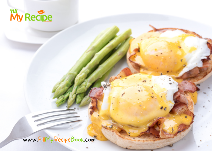 Eggs Benedict Breakfast Recipe idea, with asparagus or fried cherry tomato. Topped with hollandaise sauce, bacon on a English muffin.