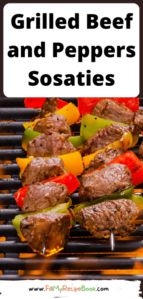 Marinated Grilled Beef and Peppers Sosaties recipe on a braai or barbecue. Kebabs, sosaties they all the same, beef, bell peppers and onion.
