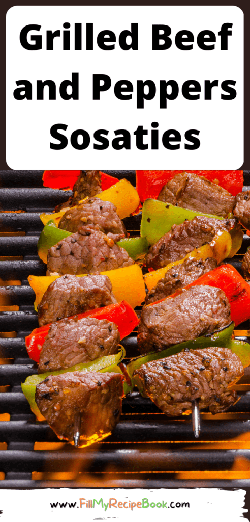 Marinated Grilled Beef and Peppers Sosaties recipe on a braai or barbecue. Homemade kebabs on a stick and a simple marinade idea.