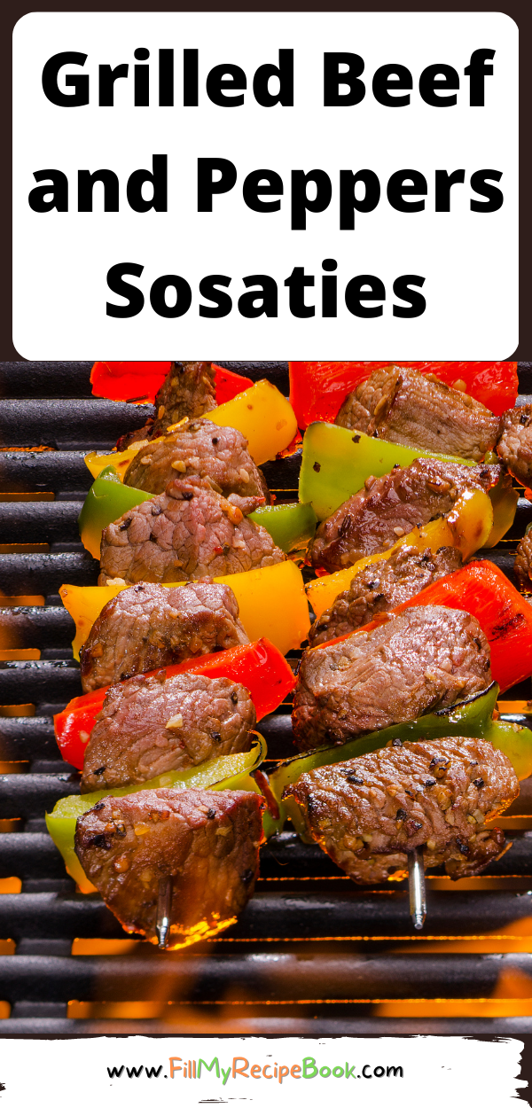 Marinated Grilled Beef and Peppers Sosaties recipe on a braai or barbecue. Kebabs, sosaties they all the same, beef, bell peppers and onion.