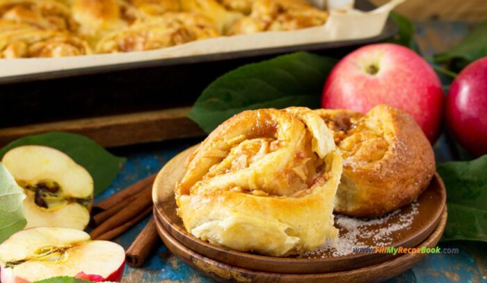 Homemade Apple Cinnamon Rolls recipe with white glazing. Easy dessert filled with sliced sweet apple, and brown sugar for a breakfast snack.