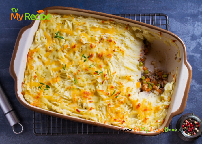 Homemade Cottage Pie Dish recipe bake for lunch or dinner. Easily pan fry the ground beef and ingredients and top with mash and parmesan.