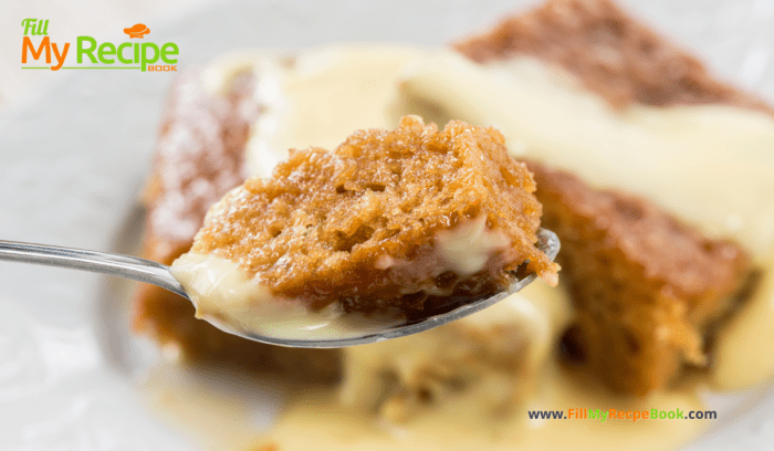 Easy Malva Pudding and Custard with a sauce recipe. Best South African family dessert idea, oven baked with a sauce, or serve with custard.