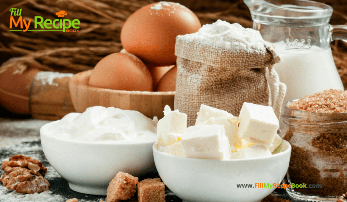 Ingredients for, Easy Malva Pudding and Sauce recipe. Best South African family dessert idea, oven baked with a sauce, or served with homemade custard.