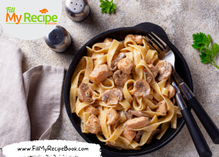 One Pot Pasta with Chicken & Mushrooms recipe. Chicken pieces sautéed with onion, garlic and mushrooms, tagliatelle pasta and coconut milk.