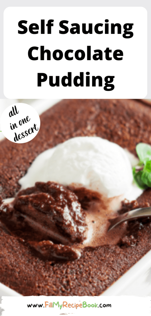 Self Saucing Chocolate Pudding recipe. Tasty old fashioned classic dessert, easy and simple to mix all together in a dish, and oven bake.