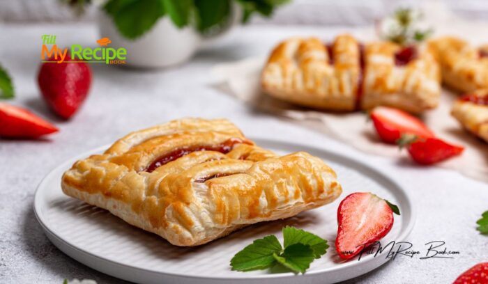 Strawberry Puff Pastry Dessert recipe idea. Quick and easy sweet homemade jam pastry 3 ingredient tart to Oven bake for tea time.