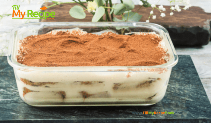 Easy Tasty No Bake Tiramisu Tart Recipe. An Italian cousin but similar to South African fridge tart. A dessert with coffee and biscuits.