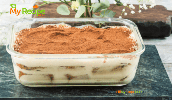 Easy Tasty No Bake Tiramisu Tart Recipe. Italian cuisine but similar to a South African fridge tart idea, a lady fingers coffee dessert.