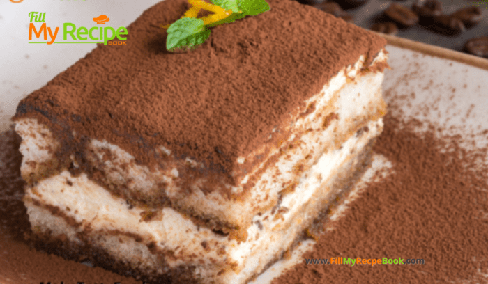 Easy Tasty No Bake Tiramisu Tart Recipe. Italian cuisine but similar to a South African fridge tart idea, a lady fingers coffee dessert.