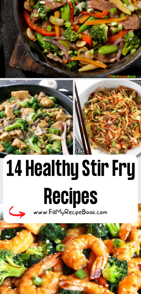 14 Healthy Stir Fry Recipes with chicken, shrimp and pork or beef as well as chickpeas.  A family lunch or dinner meal cooked on the stove top.

