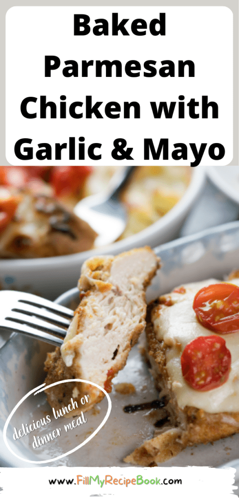 Baked Parmesan Chicken with Garlic and Mayo Recipe. An easy casserole dish with tender chicken breasts for a family lunch or dinner.