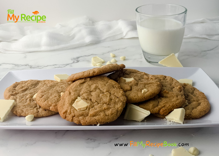 Almond Butter Cookies & White Chocolate recipe idea. Healthy cookies or biscuit to bake with white chocolate for a snack for family.