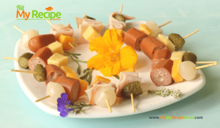 Make these Easy Savory Toothpick Appetizers Ideas or finger foods recipe. Bite size cold foods for a party with turkey, cheese on pickles.