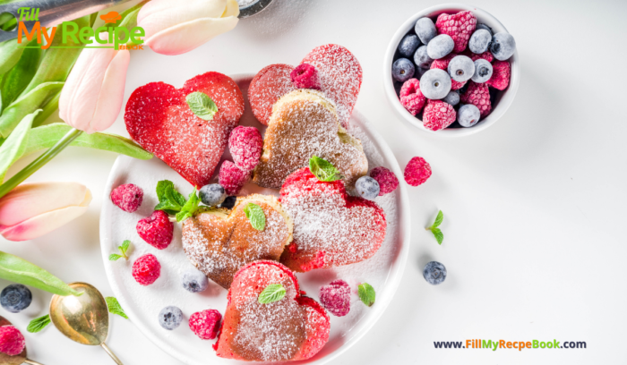 Mini Heart Pancakes with Berries recipe idea. An easy special breakfast to cook are heart shaped pancakes with raspberries and blueberries.