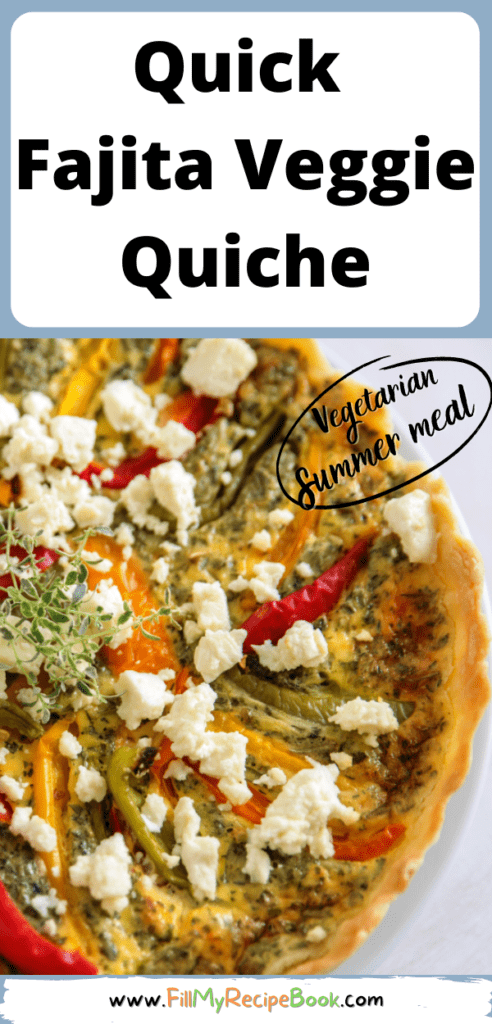 Quick Fajita Veggie Quiche recipe idea. Fajita vegetables of bell peppers and onion makes a versatile easy meatless quiche for vegetarians