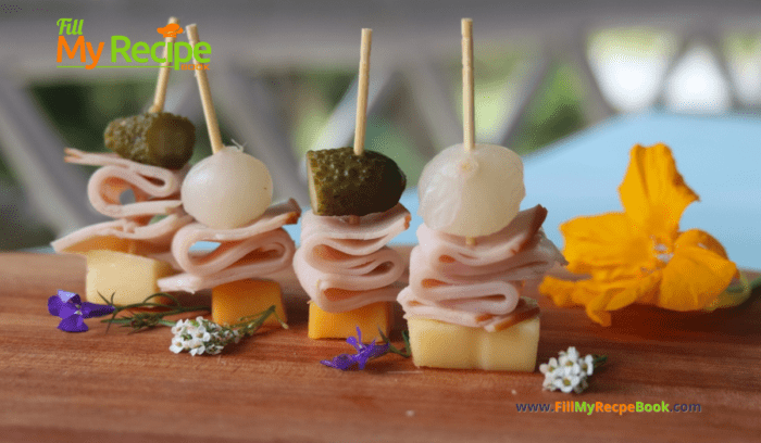 Make these Easy Savory Toothpick Appetizers Ideas or finger foods recipe. Bite size cold foods for a party with turkey, cheese on pickles.