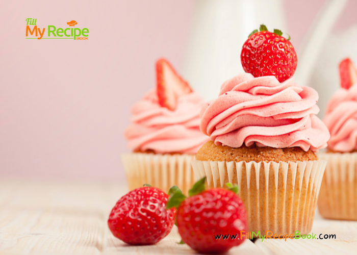 Strawberry Vanilla Cupcake Recipe that is an easy vanilla cupcake with strawberry butter icing as frosting for a dessert or tea time treat.
