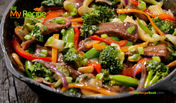 Summer Beef Strips Stir Fry recipe. An easy and quick healthy warm meal for lunch or dinner for a family with vegetables and steak and sauce.