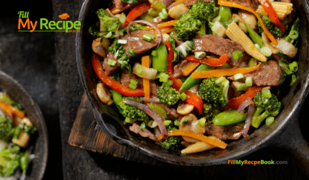 Summer Beef Strips Stir Fry recipe. An easy and quick healthy warm meal for lunch or dinner for a family with vegetables and steak and sauce.