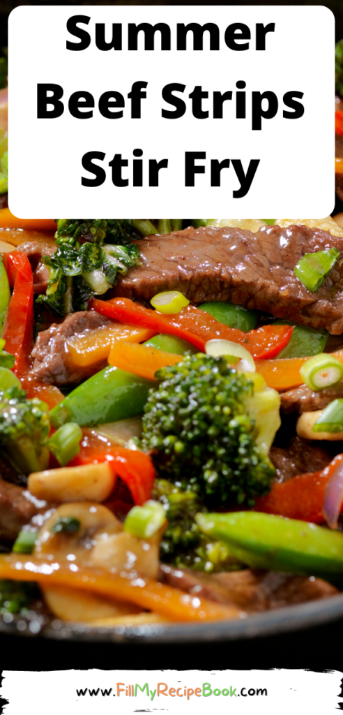 Summer Beef Strips Stir Fry recipe. An easy and quick healthy warm meal for lunch or dinner for a family with vegetables and steak and sauce.
