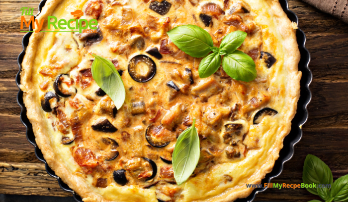 Chicken Bacon Black Bean Quiche recipe. An easy savory quiche idea with a short bread pastry recipe, uses left over chicken and egg custard.