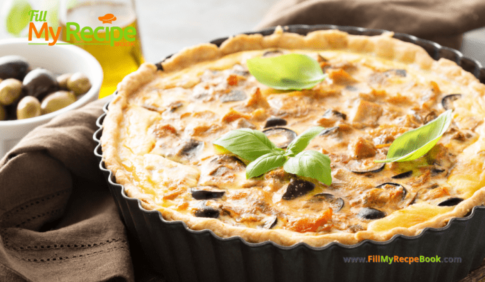 Chicken Bacon Black Bean Quiche recipe. An easy savory quiche idea with a short bread pastry recipe, uses left over chicken and egg custard.