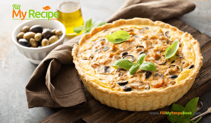 A Chicken Bacon Black Bean Quiche recipe. An easy savory quiche idea with a shortbread or bought pastry crust, oven baked for a meal or snack.