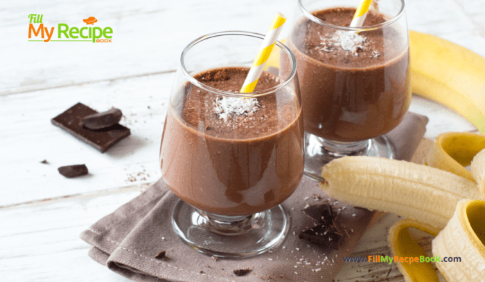 Easy Chocolate Banana Breakfast Smoothie recipe. A healthy shake with raspberries and Greek yogurt, add protein powder or cocoa for taste.