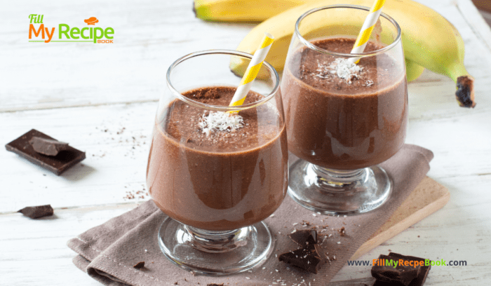 Easy Chocolate Banana Breakfast Smoothie recipe. A healthy shake with raspberries and Greek yogurt, add protein powder or cocoa for taste.