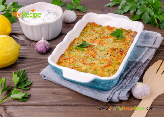 Creamy Pumpkin Vegetable Casserole side dish recipe idea. Oven baked dinner or lunch with mushroom soup and cheese on top, with herbs.