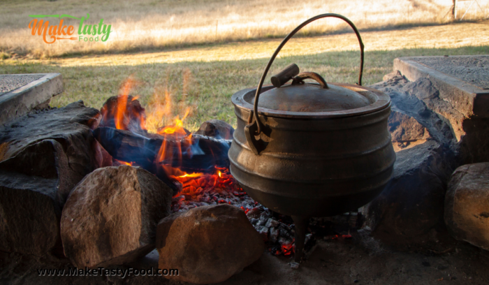 Easy Biltong Pasta Potjie Recipe made with sour cream and cheddar cheese. Best ever south african creamy potjie meal cooked on coals.