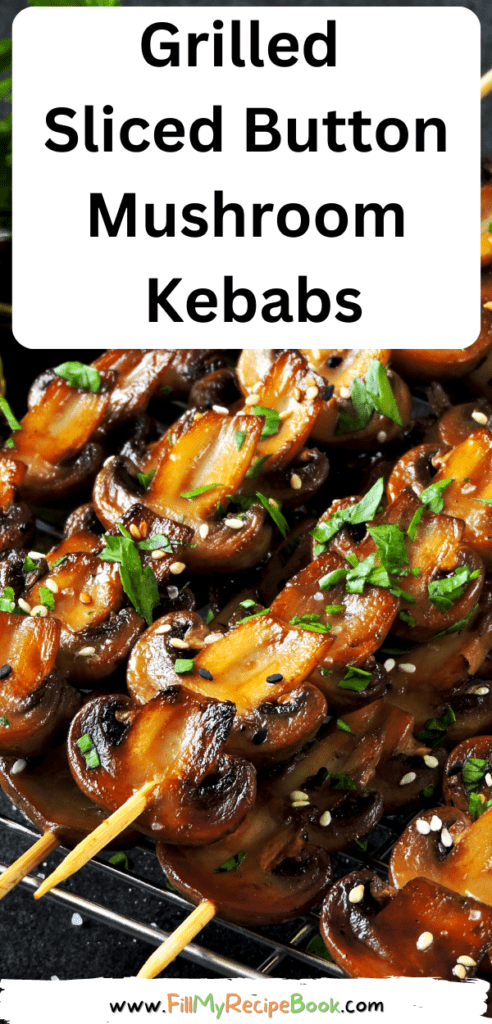 Grilled Sliced Button Mushroom Kebabs recipe idea for a braai or barbecue. A healthy and tasty side dish or appetizer on skewers for a meal.